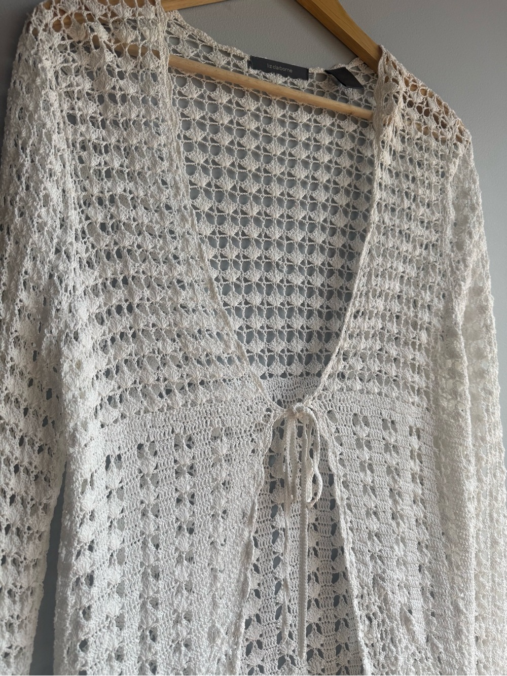 Crochet Open-Knit Cardigan Tie-Front Boho Festival Coastal Grandma Long Sleeve